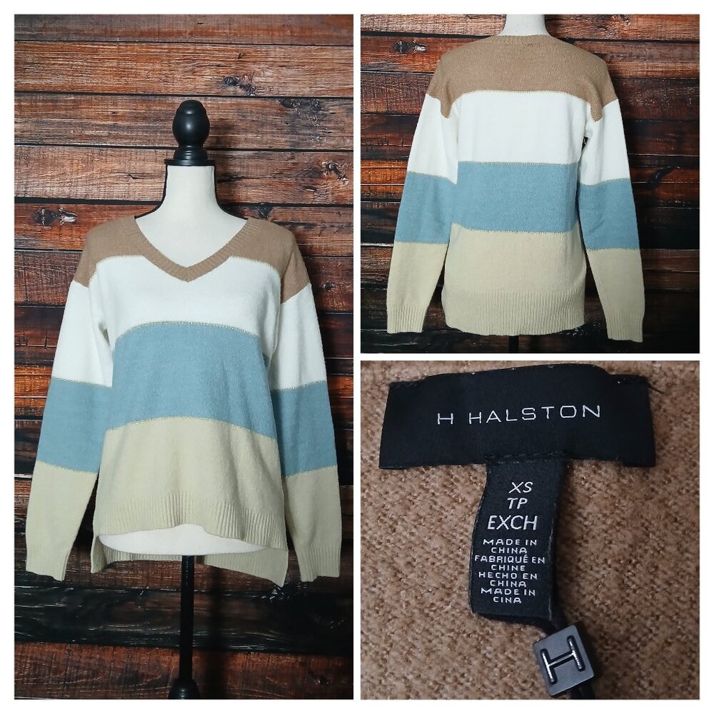 NWOT H Halston Sweater XS Color Block Metallic Striped V-Neck SOFT